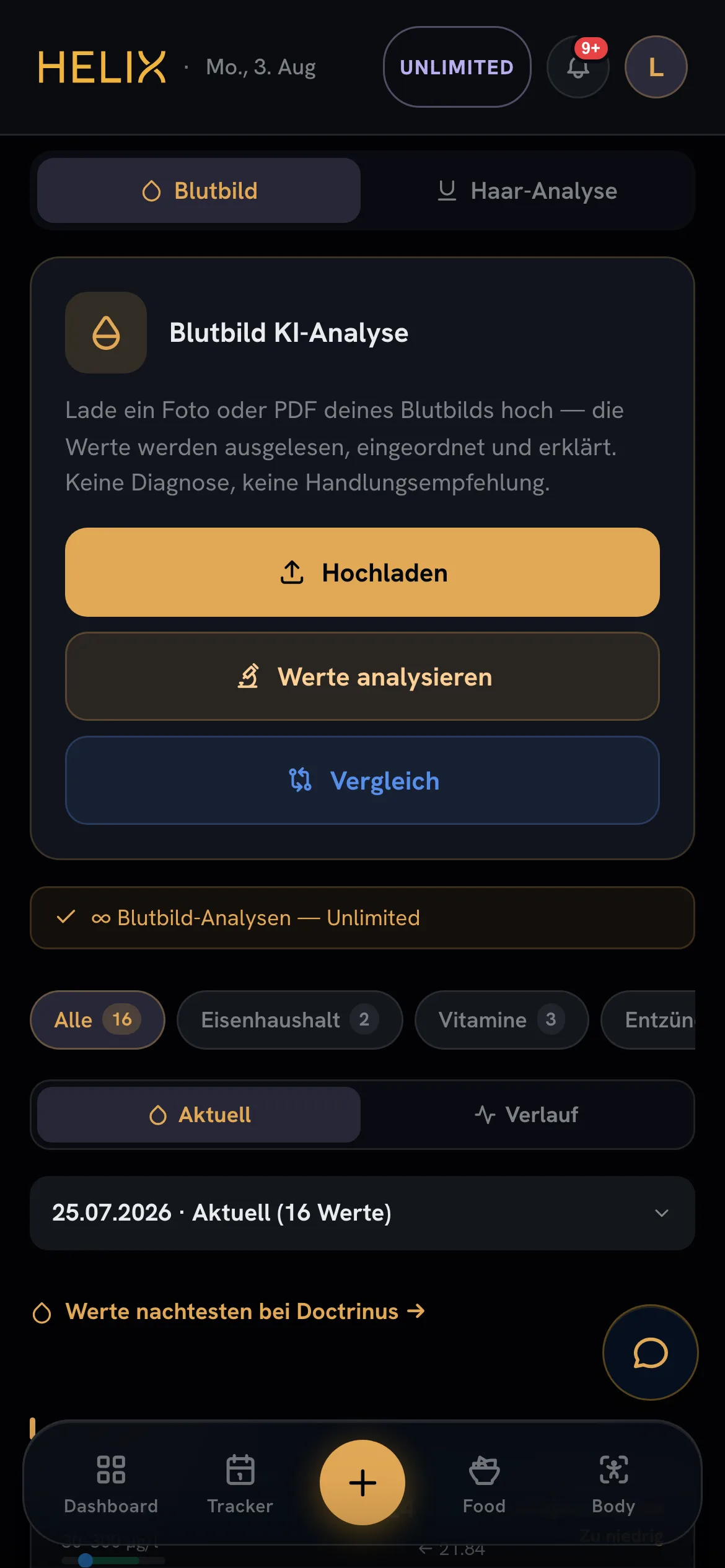 HELIX Blutbild-Tab: KI-Analyse mit Upload-Feld und Markerliste, Ferritin und Transferrin-Sättigung mit Referenzbalken.