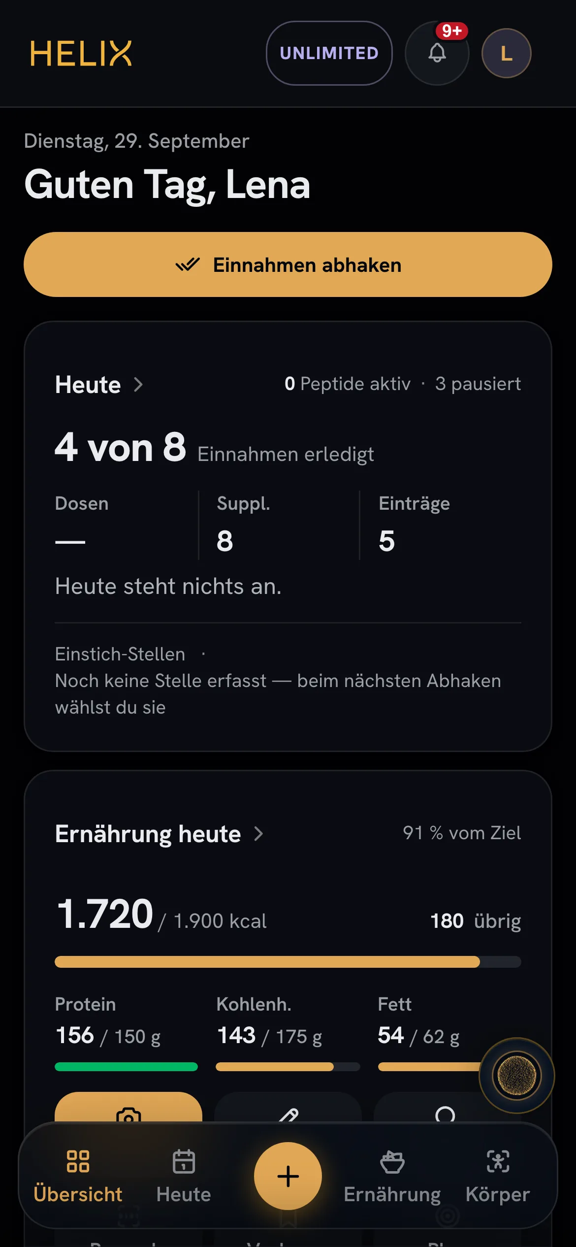 HELIX Übersicht — Tagesstart mit Peptid-, Ernährungs- und Werkzeug-Karten