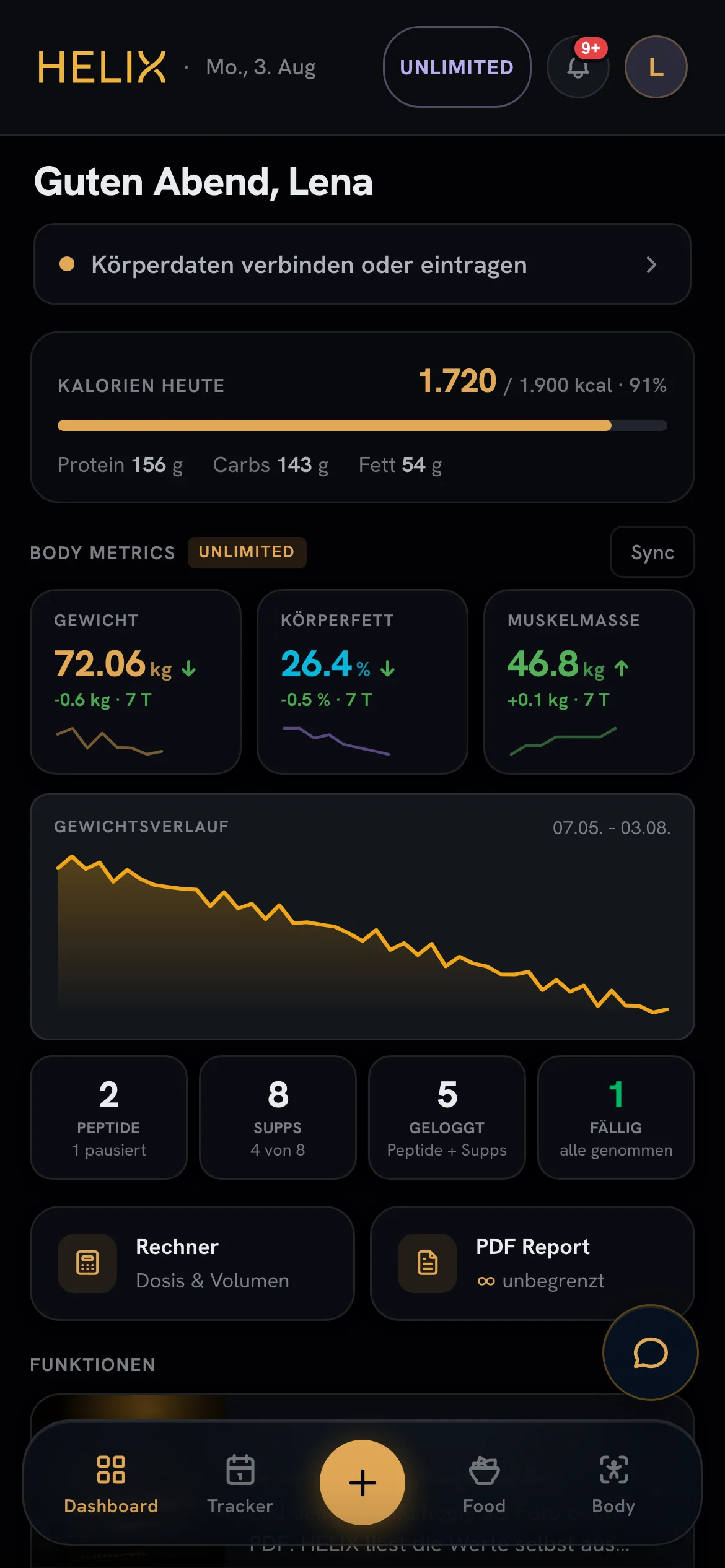 HELIX Dashboard mit Tagesübersicht und Zugriff auf den Assistenten.