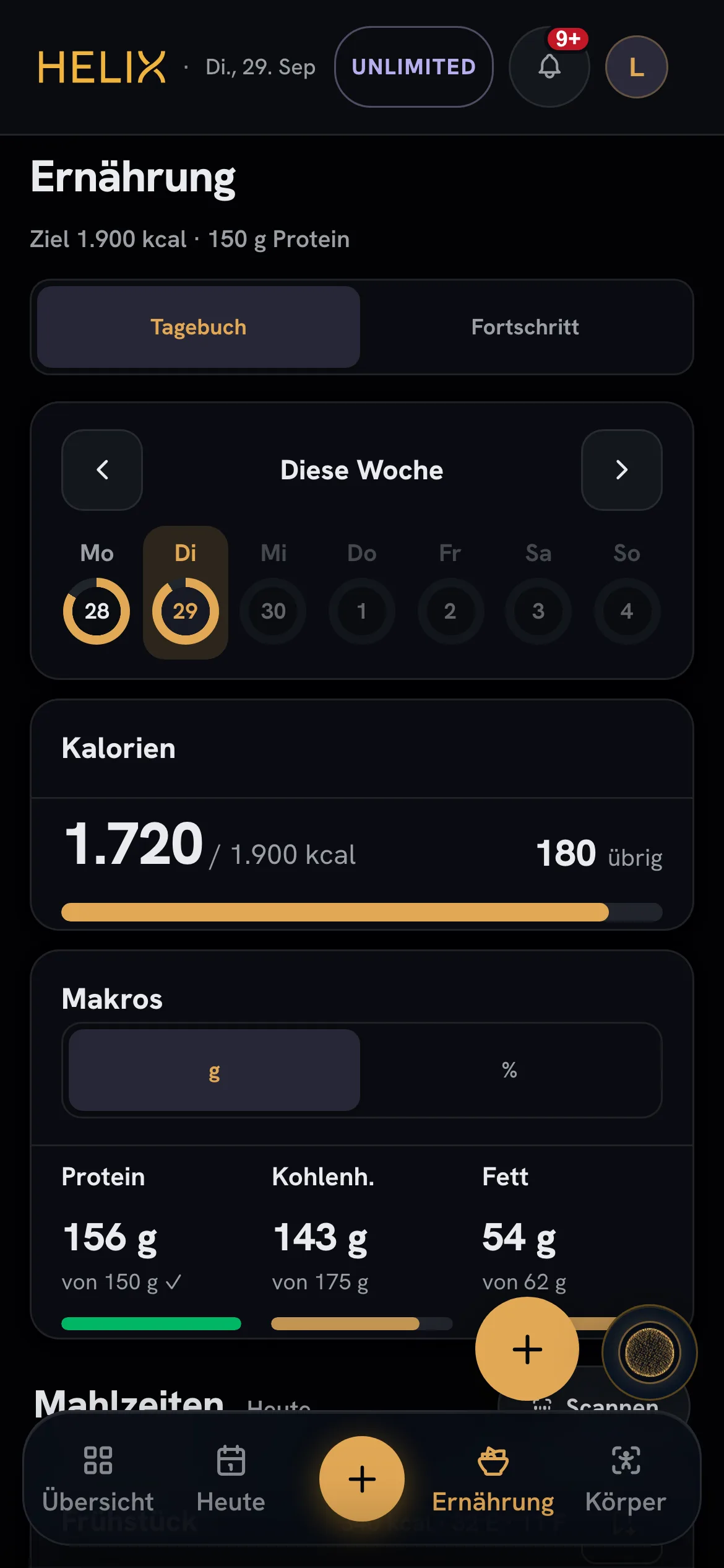 HELIX Ernährung — Tagebuch mit Wochenringen, Kalorien- und Makro-Karte