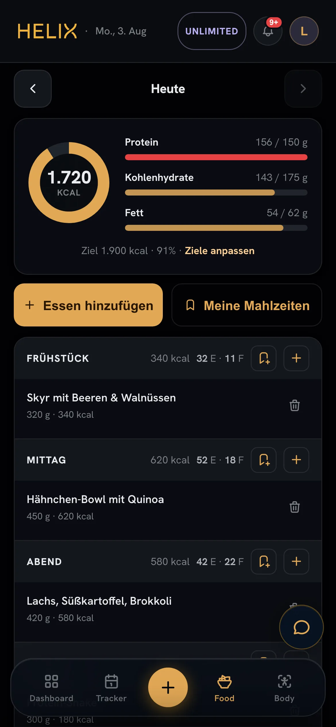 HELIX Food-Tab: erfasste Mahlzeiten mit Makronährstoff-Verteilung des Tages.