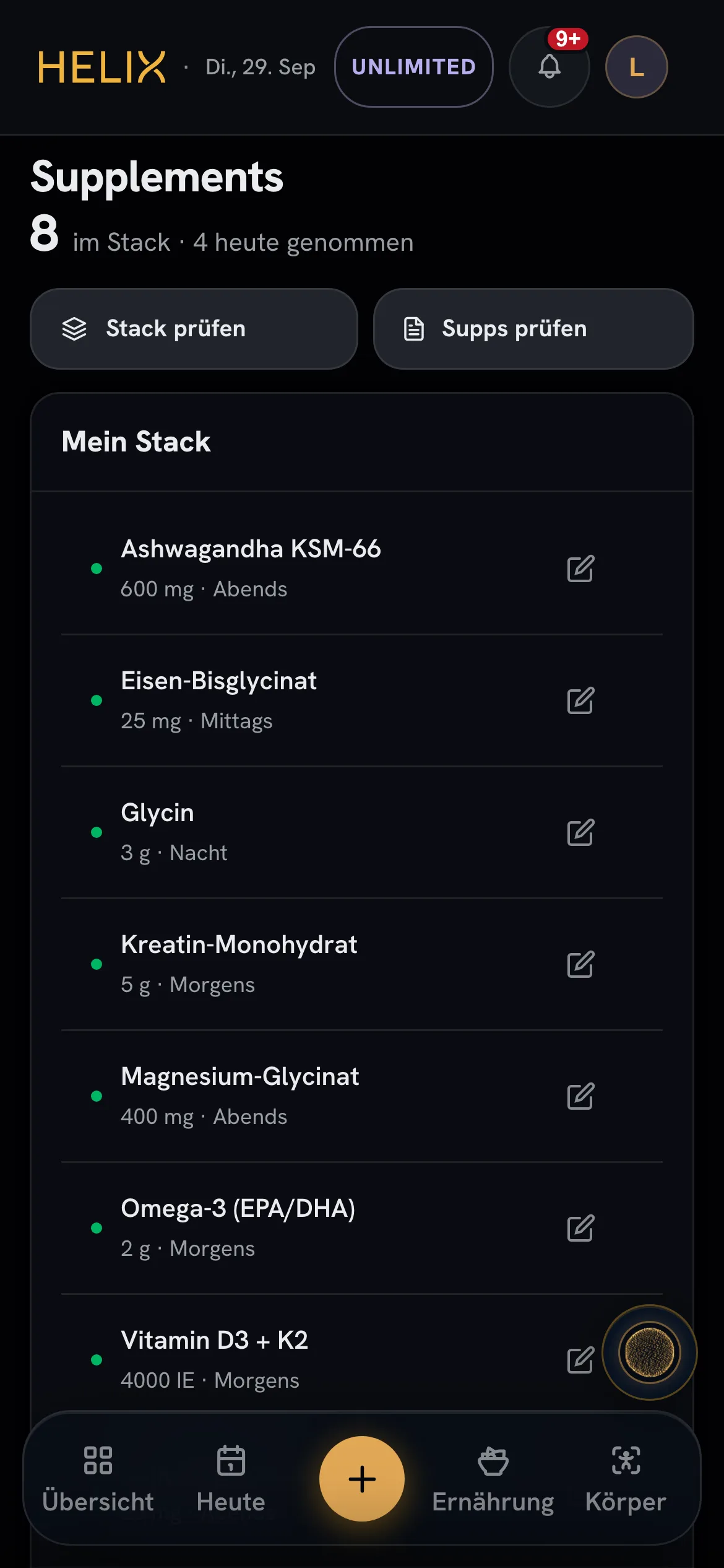 HELIX Supplement-Liste: Einträge mit Dosis und Zeitpunkt, per Tap abhakbar.