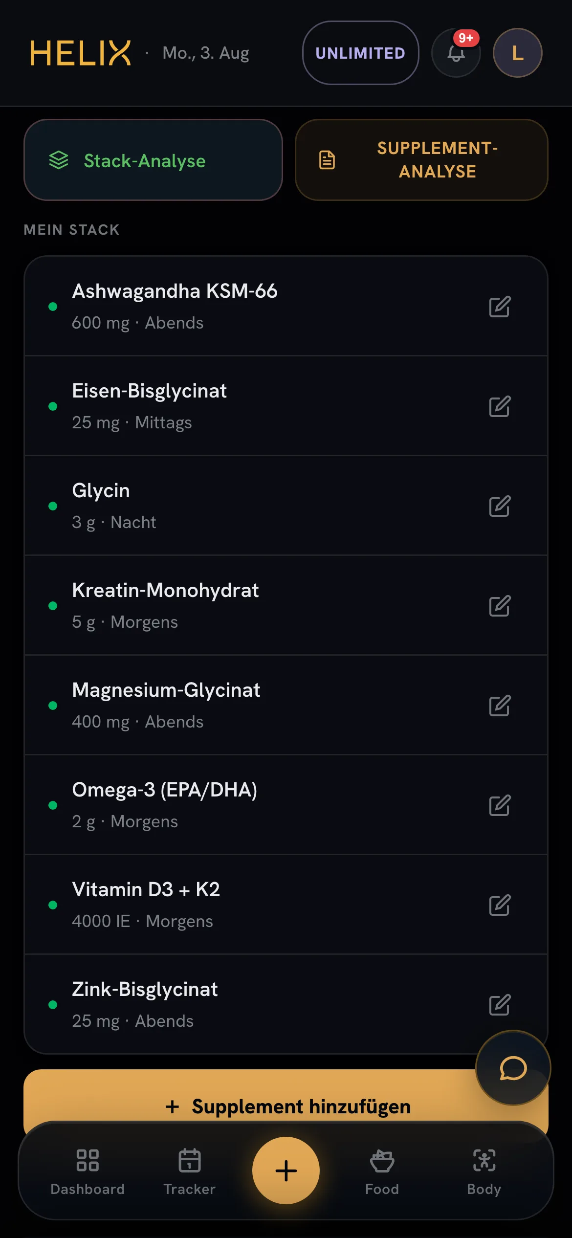 HELIX Supplement-Liste: Einträge mit Dosis und Zeitpunkt, per Tap abhakbar.