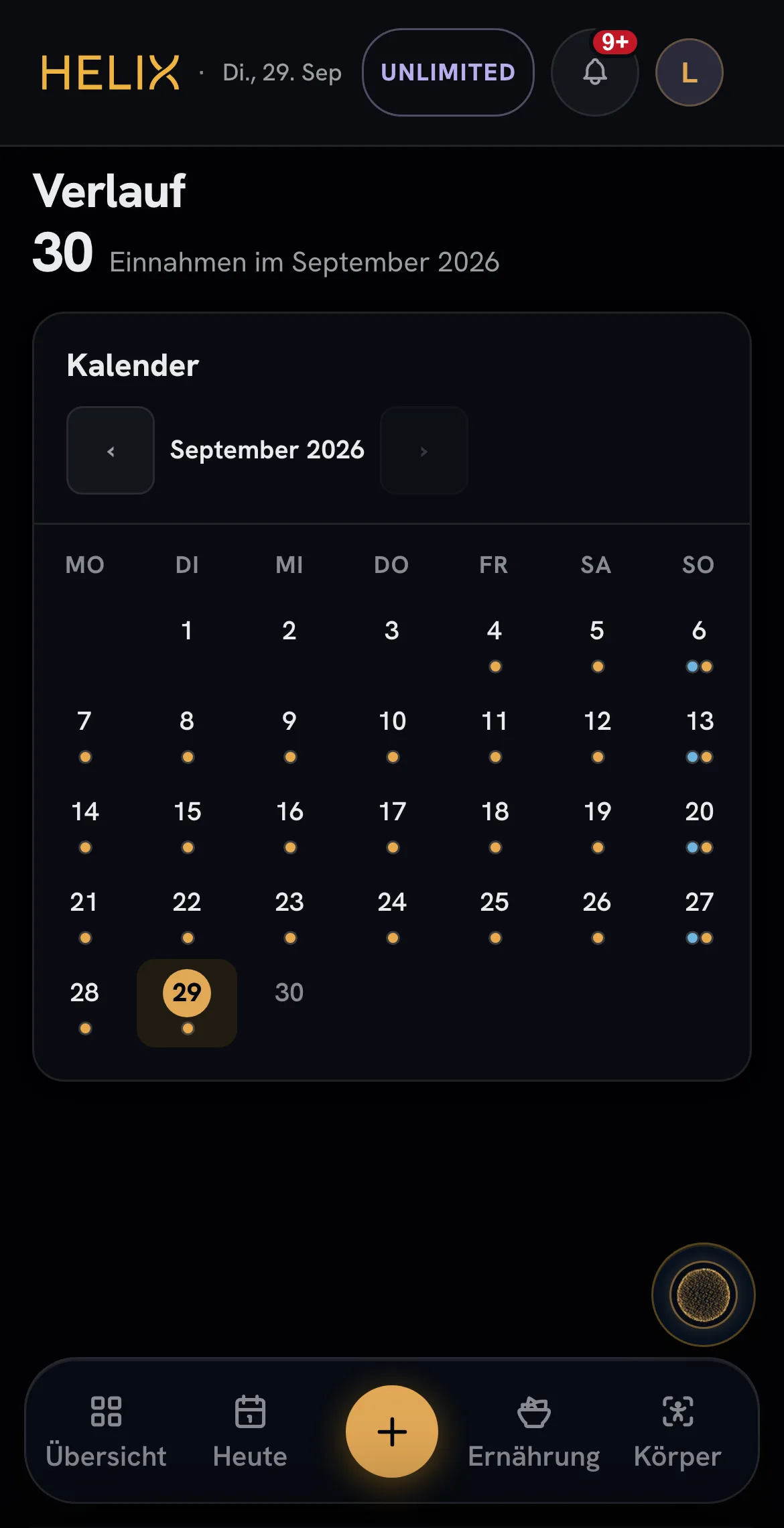 HELIX Verlauf: Kalender mit farbigen Tagespunkten für jede Einnahme, Monat für Monat.