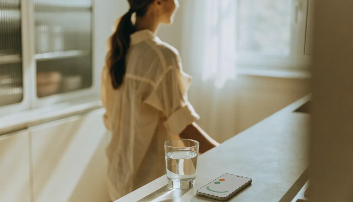 Frau am hellen Küchentresen mit Wasserglas und Health-App am Morgen