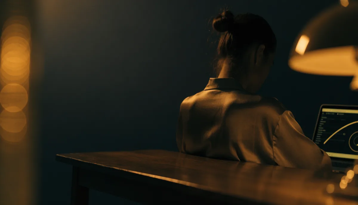 Person nachts am Schreibtisch, Gesundheitsdaten leuchten auf dem Laptop, warmes Lampenlicht