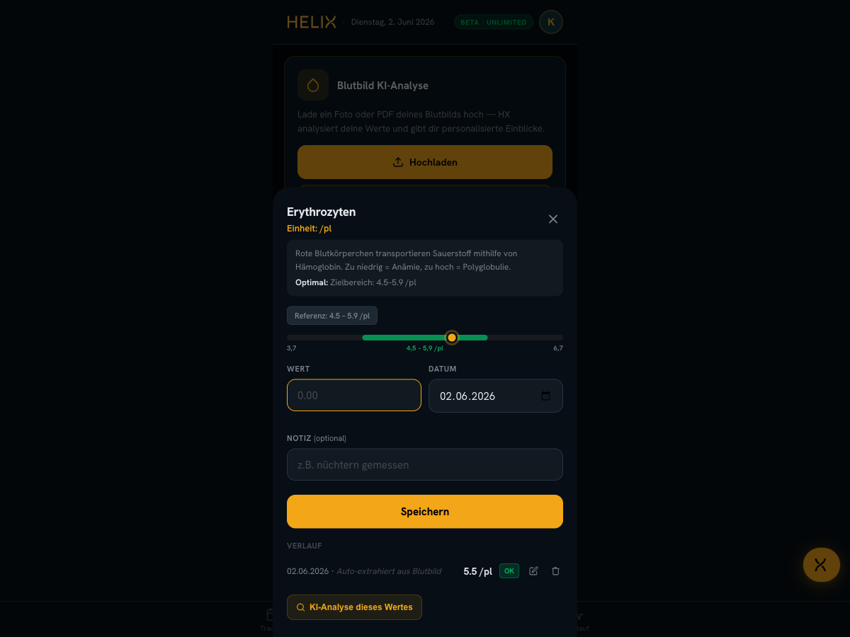 HELIX Blutwert-Detail mit Verlauf-Sparkline
